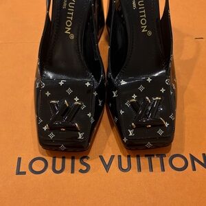 Louis Vuitton Black Monogram Patent Square-Toe Slingback Heels